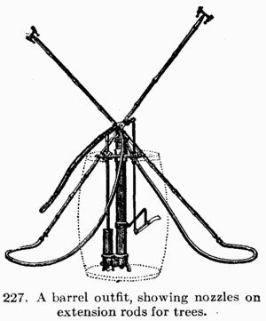 [Illustration: Fig. 227. A barrel outfit, showing nozzles on extension
rods for trees.]